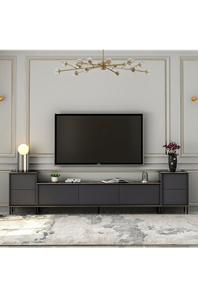 BMdekor TV Sehpası Kozan Set Antrasit Mermer Desen 260 CM