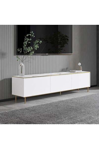 BMdekor TV Sehpası Kozan Beyaz Mermer Desen Gold 180 CM