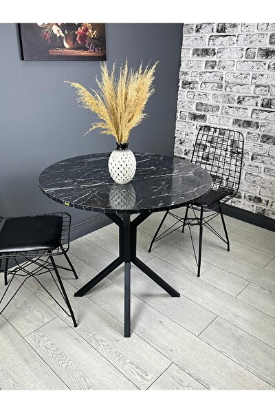 Hey Modüler Mobilya Saray Siyah Mermer Yuvarlak Mutfak Yemek Balkon Masası Metal Siyah Ayak 80 CM
