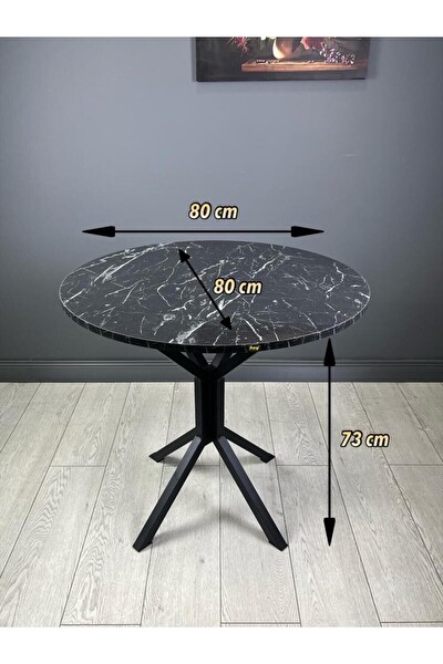 Hey Modüler Mobilya Saray Siyah Mermer Yuvarlak Mutfak Yemek Balkon Masası Metal Siyah Ayak 80 CM