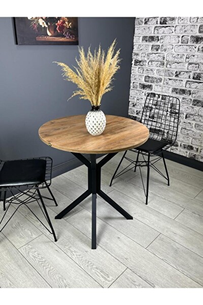 Hey Modüler Mobilya Nisa Ceviz Yuvarlak Mutfak Yemek Balkon Masası Metal Siyah Ayak 70 CM