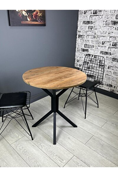 Hey Modüler Mobilya Nisa Ceviz Yuvarlak Mutfak Yemek Balkon Masası Metal Siyah Ayak 70 CM