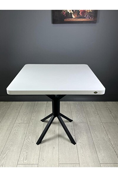 Hey Modüler Mobilya Roma Beyaz Mutfak Yemek Balkon Masası Kavisli Köşe Metal Siyah Ayak 80 CM