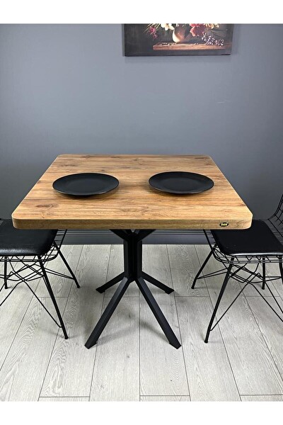 Hey Modüler Mobilya Roma Ceviz Mutfak Yemek Balkon Masası Kavisli Köşe Metal Siyah Ayak 80 CM