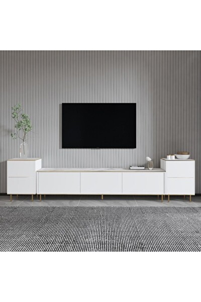 BMdekor TV Sehpası Kozan Set Beyaz Mermer Desen Gold 260 CM