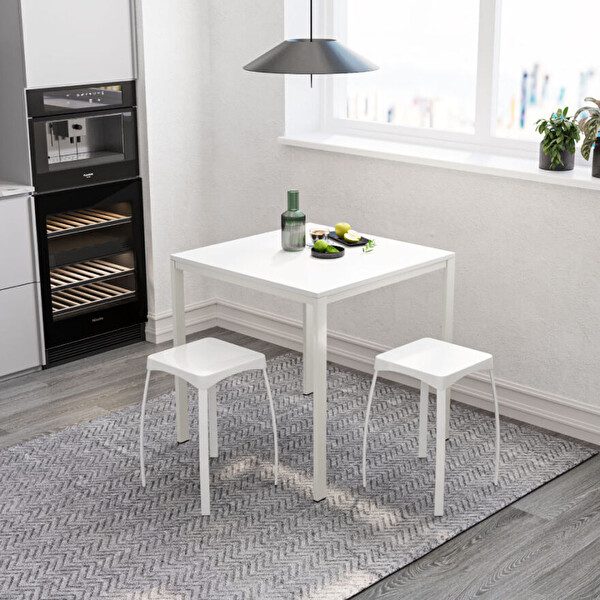 Adore Mobilya Retro Metal Ayaklı Mutfak Masası-Beyaz 75x75x75 CM