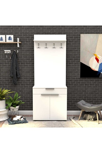 Adore Mobilya Porto 2 Kapaklı Çekmeceli Portmanto ve Ayakkabılık-Mat Beyaz 73x187x36 CM