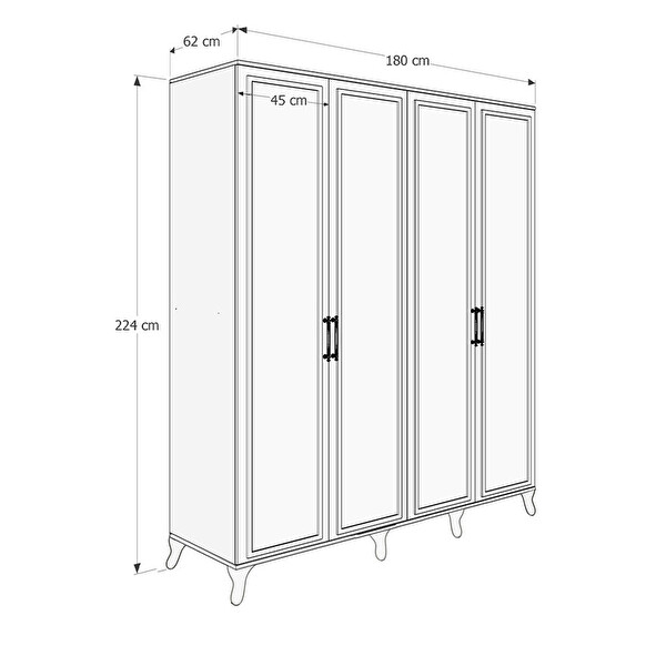 Adore Mobilya Country 4 Kapaklı Gardırop-Mat Lake Beyaz 180x224x62 CM (GxYxD)