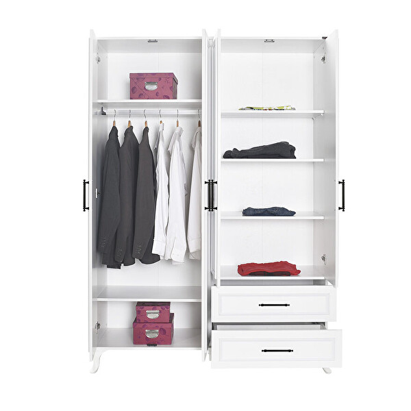 Adore Mobilya Country 4 Kapaklı 2 Çekmeceli Gardırop-Mat Lake Beyaz 137x199x51 CM (GxYxD)