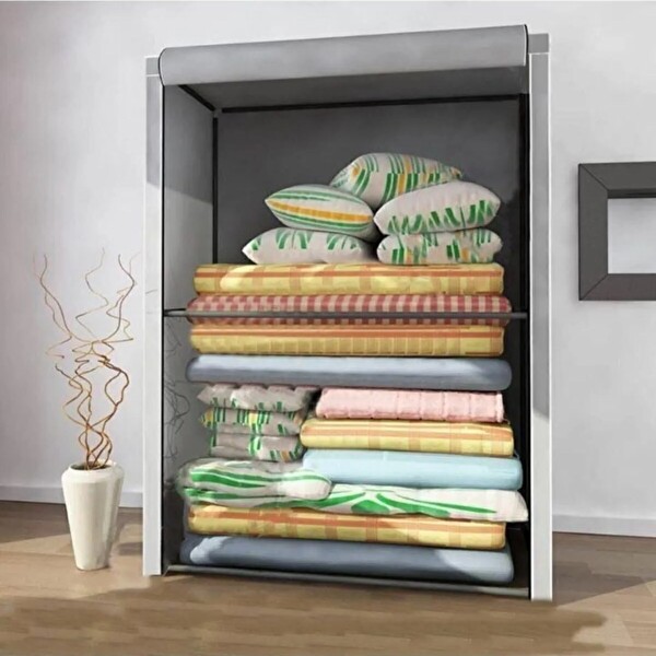 Reyo Panayır Güçlendirilmiş Çelik Yapım Yorgan Hurcu Yüklük Saklama Dolabı Gri Bez Dolap