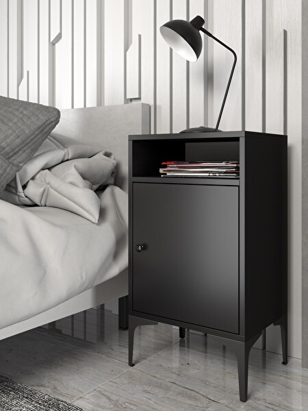 Wood'n Love Vio Metal Ayaklı Minifiks Bağlantı, Dolaplı Komodin - Siyah / Siyah BSM314