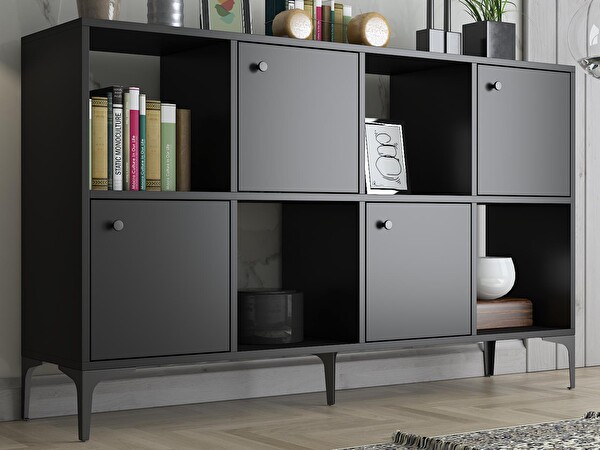 Wood'n Love Satürn Premium 4 Kapaklı Metal Ayaklı Çok Amaçlı Dolap Konsol - Siyah / Siyah