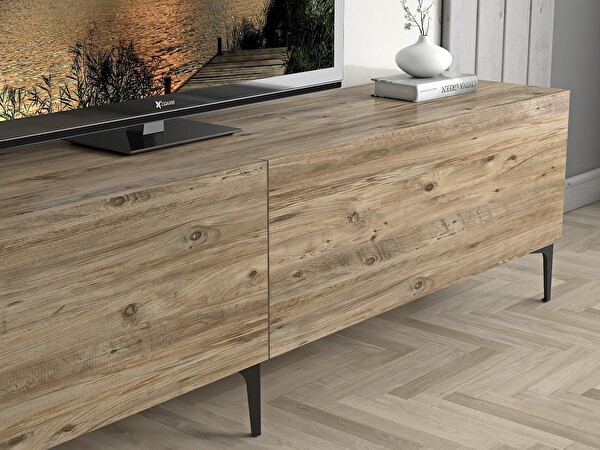 Wood'n Love Vega Premium 200 Cm Geniş Dolaplı Metal Ayaklı Tv Ünitesi - Atlantik Çam / Siyah BSM218
