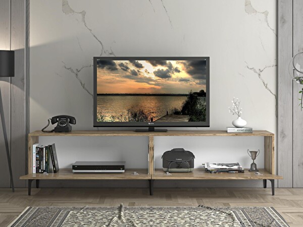 Wood'n Love Vega Premium 200 Cm Geniş Dolaplı Metal Ayaklı Tv Ünitesi - Atlantik Çam / Siyah BSM218