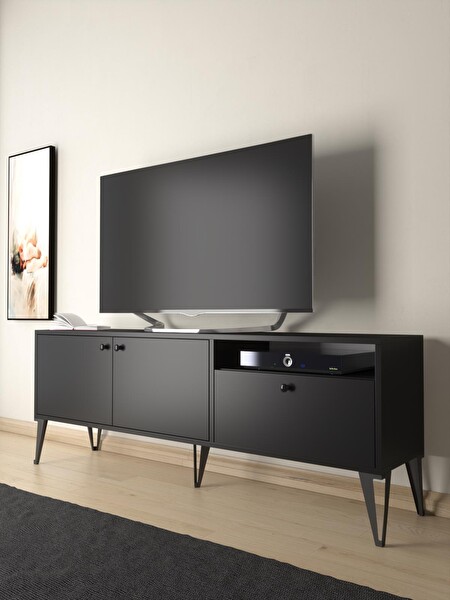 Wood'n Love Atoka 160 Cm Metal Ayaklı Dolaplı, Minifiks Bağlantı Tv Ünitesi - Siyah / Siyah