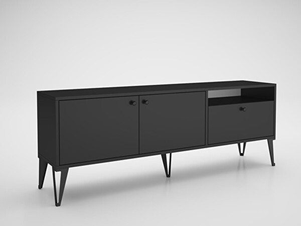 Wood'n Love Atoka 160 Cm Metal Ayaklı Dolaplı, Minifiks Bağlantı Tv Ünitesi - Siyah / Siyah