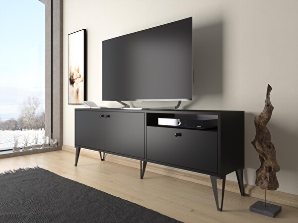 Wood'n Love Atoka 160 Cm Metal Ayaklı Dolaplı, Minifiks Bağlantı Tv Ünitesi - Siyah / Siyah