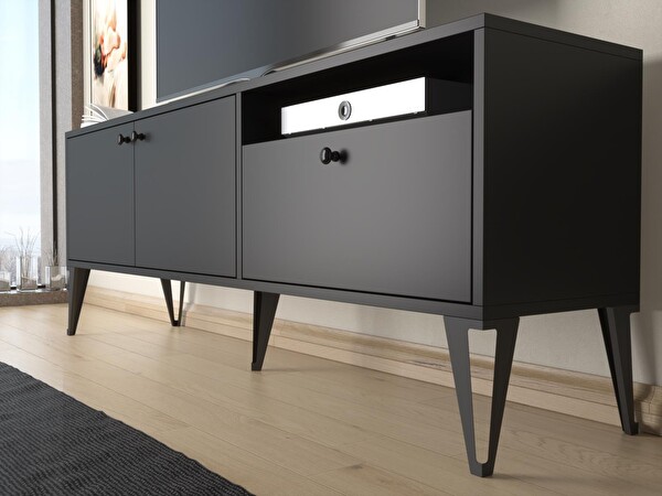 Wood'n Love Atoka 160 Cm Metal Ayaklı Dolaplı, Minifiks Bağlantı Tv Ünitesi - Siyah / Siyah