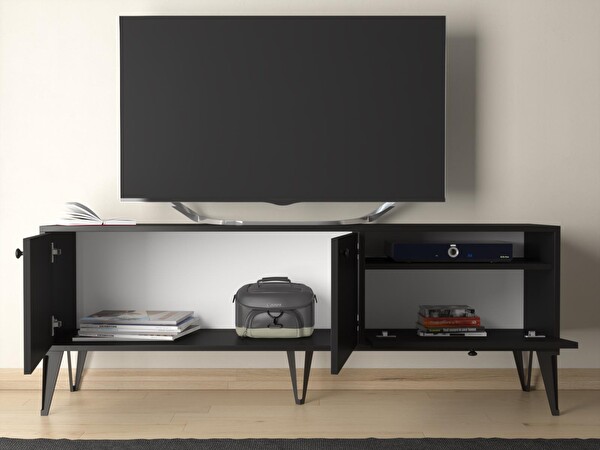 Wood'n Love Atoka 160 Cm Metal Ayaklı Dolaplı, Minifiks Bağlantı Tv Ünitesi - Siyah / Siyah