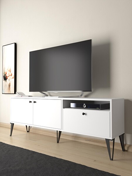 Wood'n Love Atoka 160 Cm Metal Ayaklı Dolaplı Minifiks Bağlantı Tv Ünitesi - Beyaz / Siyah