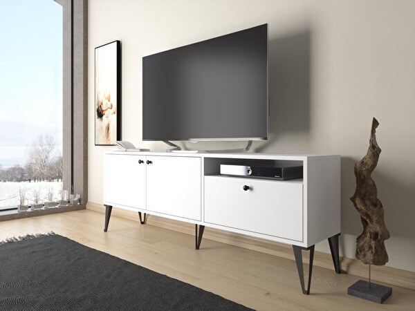 Wood'n Love Atoka 160 Cm Metal Ayaklı Dolaplı Minifiks Bağlantı Tv Ünitesi - Beyaz / Siyah