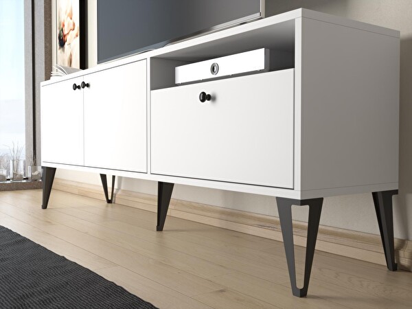 Wood'n Love Atoka 160 Cm Metal Ayaklı Dolaplı Minifiks Bağlantı Tv Ünitesi - Beyaz / Siyah