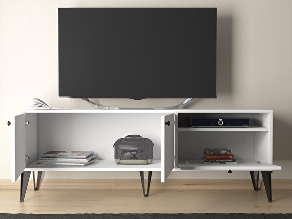 Wood'n Love Atoka 160 Cm Metal Ayaklı Dolaplı Minifiks Bağlantı Tv Ünitesi - Beyaz / Siyah