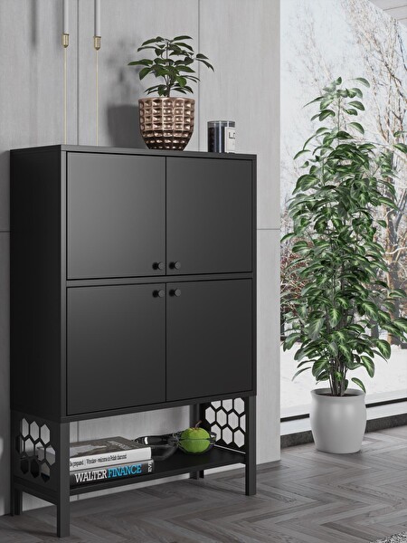 Wood'n Love Lina Premium Desenli Metal Ayaklı Dolaplı Vitrin - Konsol - Siyah - Siyah