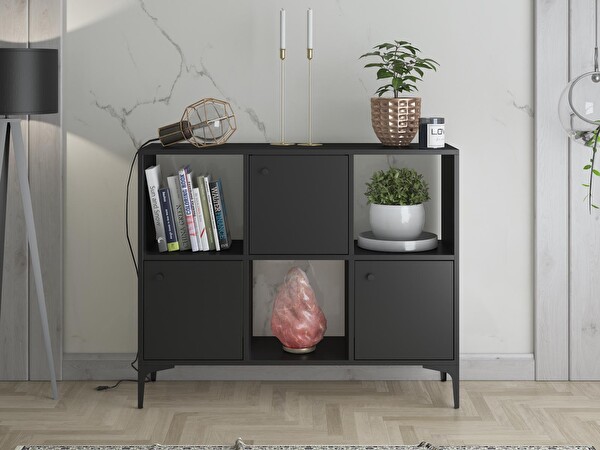 Wood'n Love Orbit Premium 3 Kapaklı Metal Ayaklı Çok Amaçlı Dolap Konsol - Siyah - Siyah
