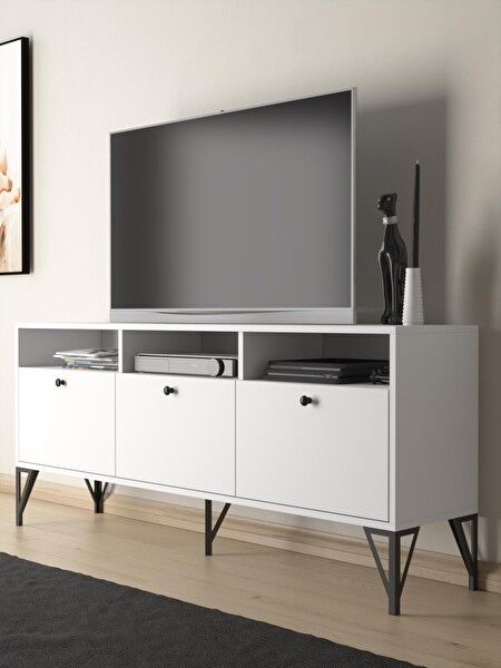 Wood'n Love Rhea 160 CM Dolaplı Minifiks Bağlantı Geniş TV Ünitesi - Konsol - Beyaz - Siyah