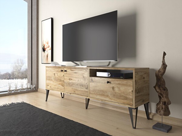 Wood'n Love Atoka 160 CM Metal Ayaklı Dolaplı Minifiks Bağlantı TV Ünitesi - Atlantik Çam - Siyah