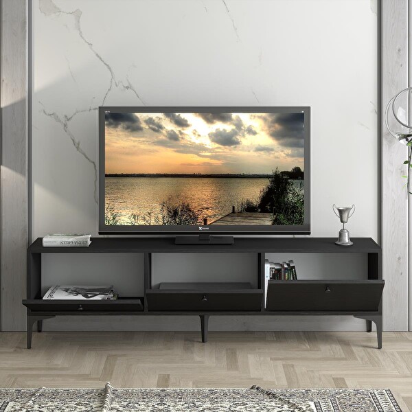 Wood'n Love Etna Premium Metal Ayaklı Dolaplı 160 CM TV Ünitesi - Wood Siyah - Siyah