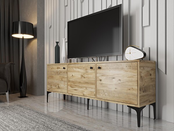 Wood'n Love Bello 160 CM Metal Ayaklı TV Ünitesi - Konsol - Atlantik Çam - Siyah