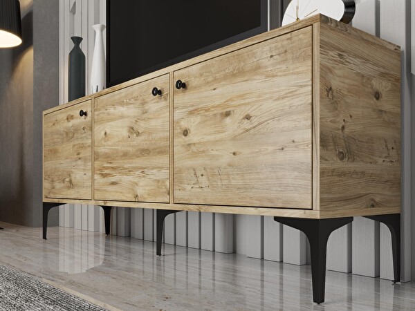 Wood'n Love Bello 160 CM Metal Ayaklı TV Ünitesi - Konsol - Atlantik Çam - Siyah