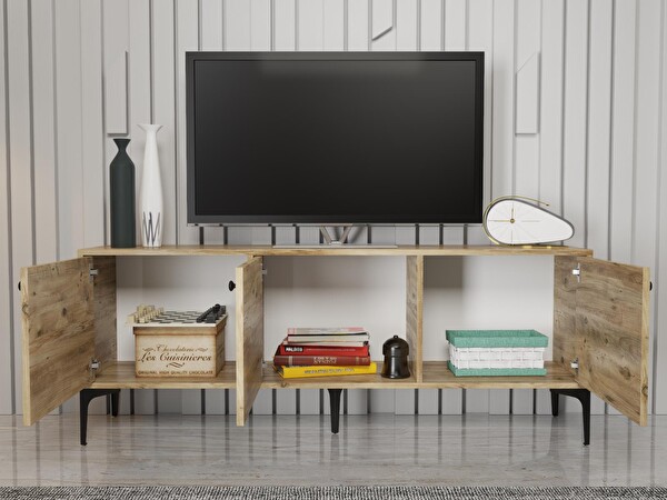 Wood'n Love Bello 160 CM Metal Ayaklı TV Ünitesi - Konsol - Atlantik Çam - Siyah