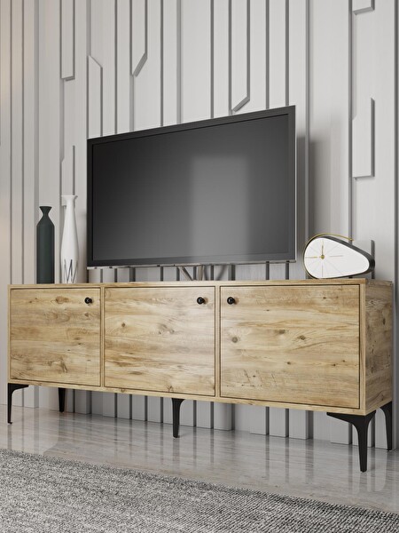 Wood'n Love Bello 160 CM Metal Ayaklı TV Ünitesi - Konsol - Atlantik Çam - Siyah