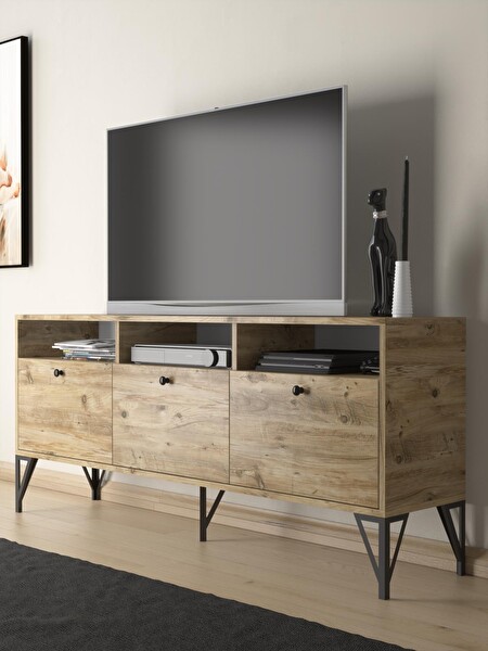 Wood'n Love Rhea 160 CM Dolaplı Minifiks Bağlantı Geniş TV Ünitesi - Konsol - Atlantik Çam - Siyah