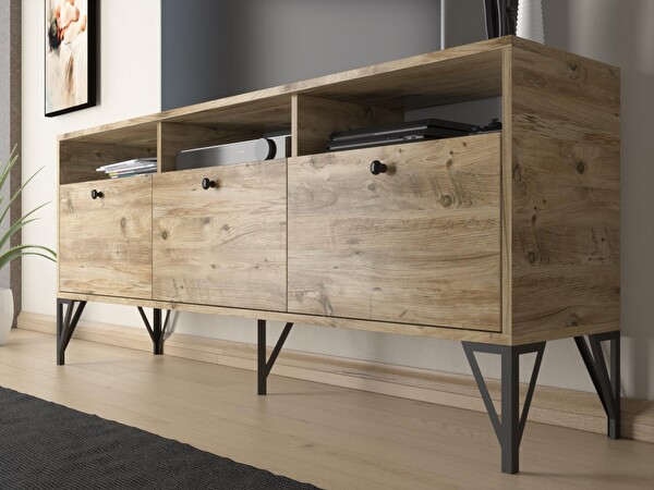 Wood'n Love Rhea 160 CM Dolaplı Minifiks Bağlantı Geniş TV Ünitesi - Konsol - Atlantik Çam - Siyah