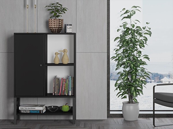 Wood'n Love Lara Premium Desenli Metal Ayaklı Dolaplı Vitrin - Konsol - Siyah / Siyah