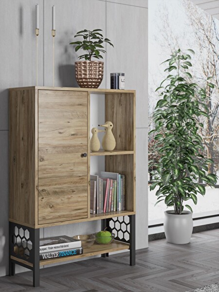 Wood'n Love Lara Desenli Metal Ayaklı Dolaplı Vitrin - Konsol - Atlantik Çam / Siyah