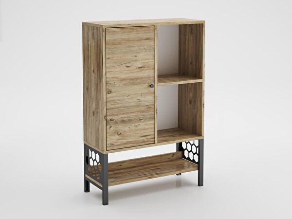 Wood'n Love Lara Desenli Metal Ayaklı Dolaplı Vitrin - Konsol - Atlantik Çam / Siyah