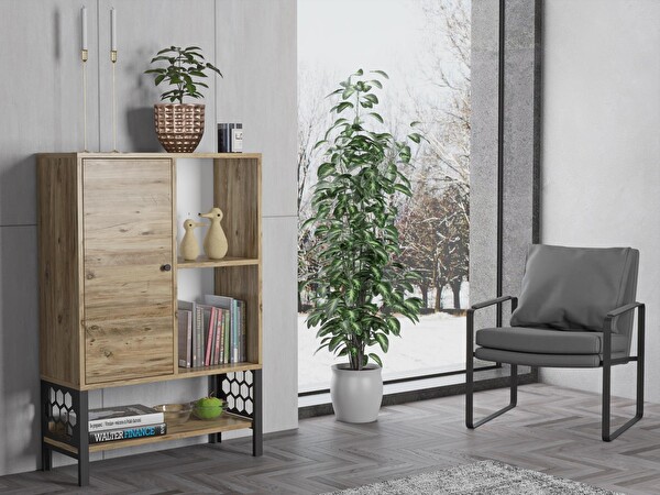 Wood'n Love Lara Desenli Metal Ayaklı Dolaplı Vitrin - Konsol - Atlantik Çam / Siyah