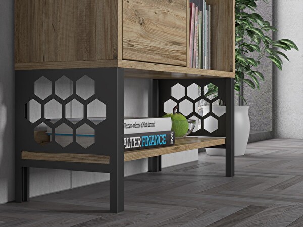 Wood'n Love Lara Desenli Metal Ayaklı Dolaplı Vitrin - Konsol - Atlantik Çam / Siyah