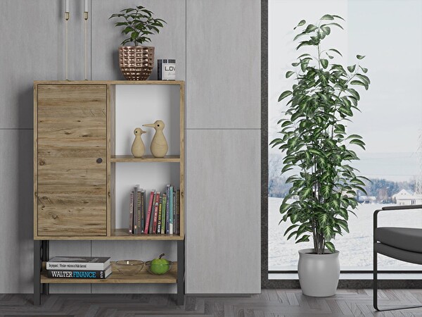 Wood'n Love Lara Desenli Metal Ayaklı Dolaplı Vitrin - Konsol - Atlantik Çam / Siyah