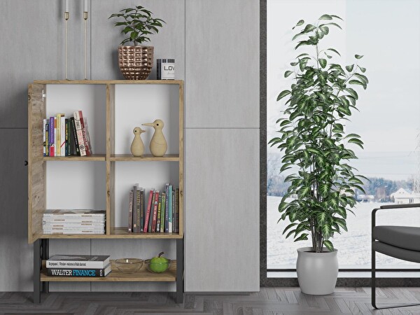 Wood'n Love Lara Desenli Metal Ayaklı Dolaplı Vitrin - Konsol - Atlantik Çam / Siyah