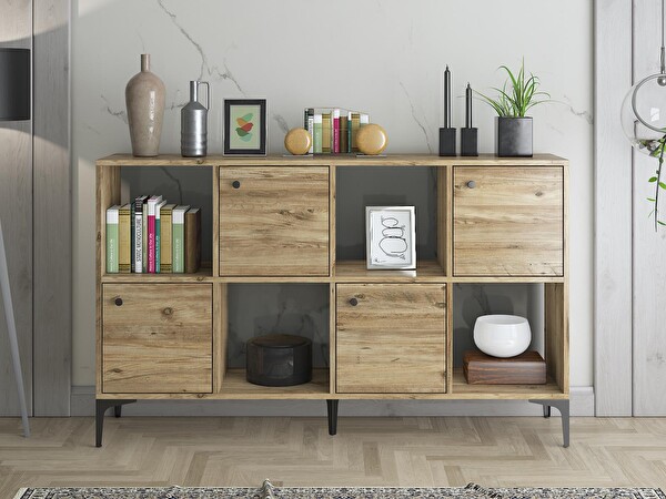 Wood'n Love Satürn 4 Kapaklı Metal Ayaklı Çok Amaçlı Dolap Konsol - Atlantik Çam / Siyah
