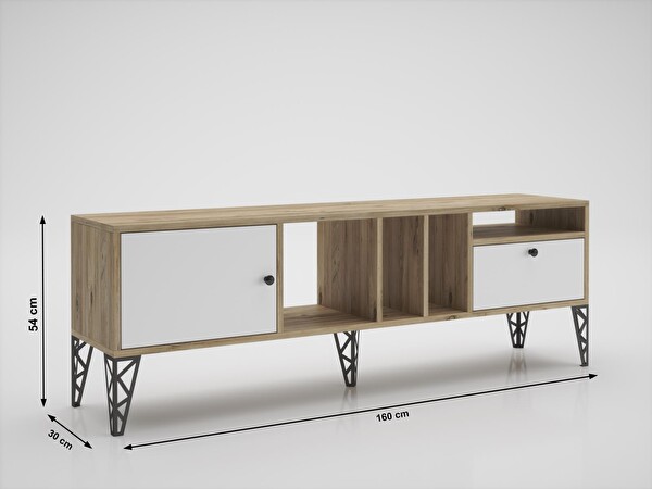 Wood'n Love Cercei 160 Cm Metal Ayaklı Tv Ünitesi - Beyaz - Atlantik Çam / Siyah
