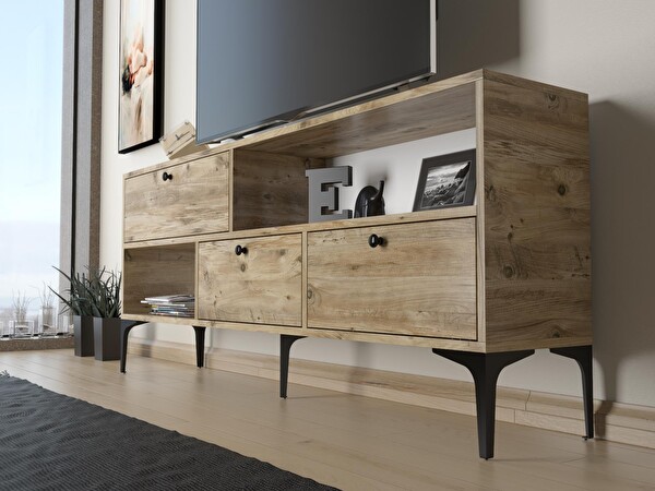 Wood'n Love Katre 150 Cm Metal Ayaklı Tv Ünitesi - Atlantik Çam / Siyah