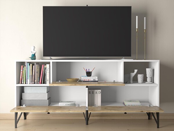 Wood'n Love Mia 160 Cm Metal Ayaklı Tv Ünitesi - Konsol - Beyaz - Atlantik Çam / Siyah