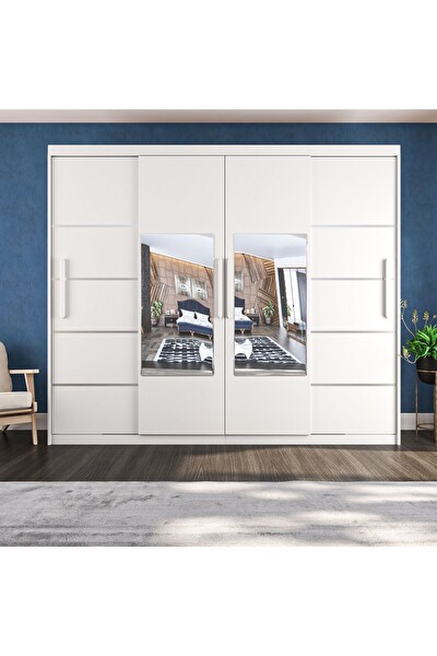 Yılwood Dört Kapaklı Aynalı Beyaz Sürgülü Gardırop 320x23O CM